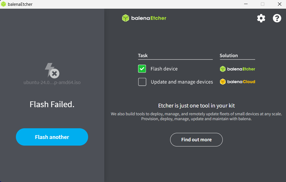Balena Etcher error - Flash failed
